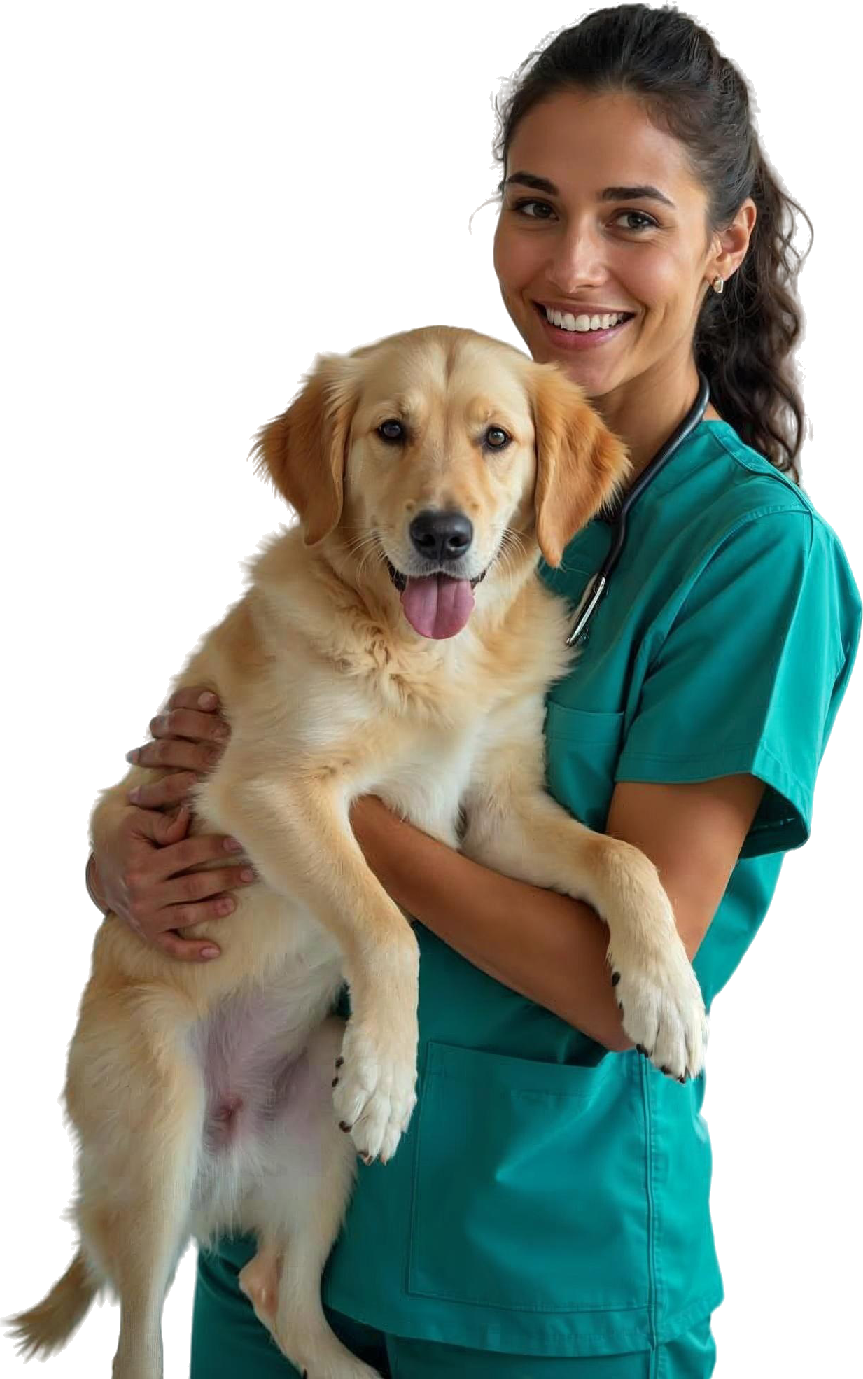 Veterinária do Guararapes Vet Center com um golden retriever no colo
