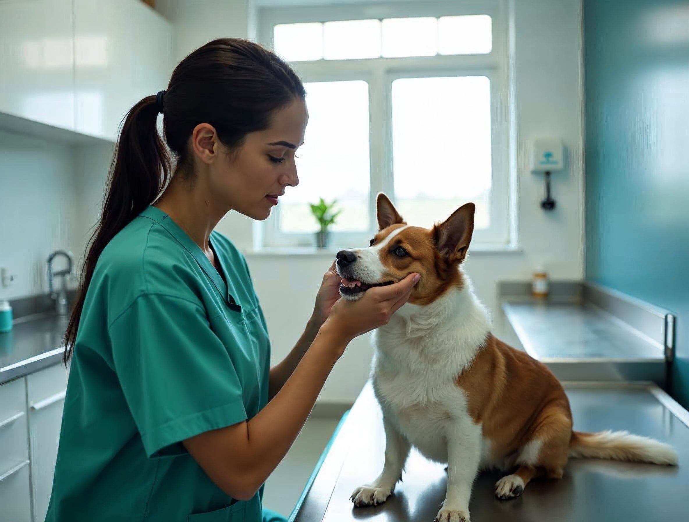 Veterinária com um cachorro no consultório